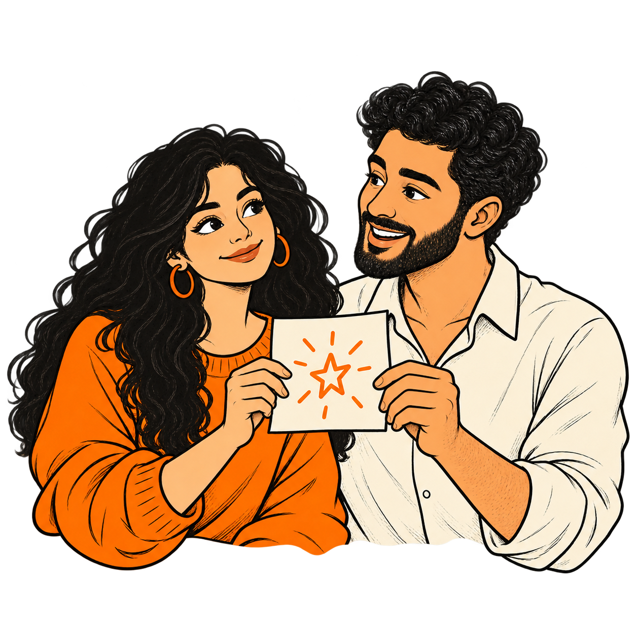 Two creative team members holding a paper with a shining star idea